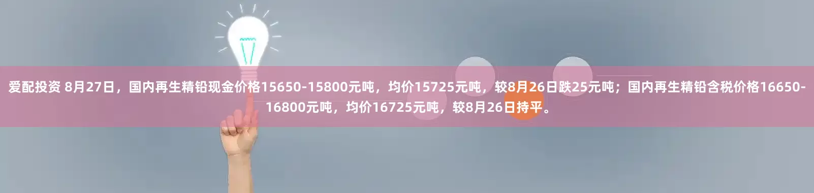 爱配投资 8月27日，国内再生精铅现金价格15650-15800元吨，均价15725元吨，较8月26日跌25元吨；国内再生精铅含税价格16650-16800元吨，均价16725元吨，较8月26日持平。